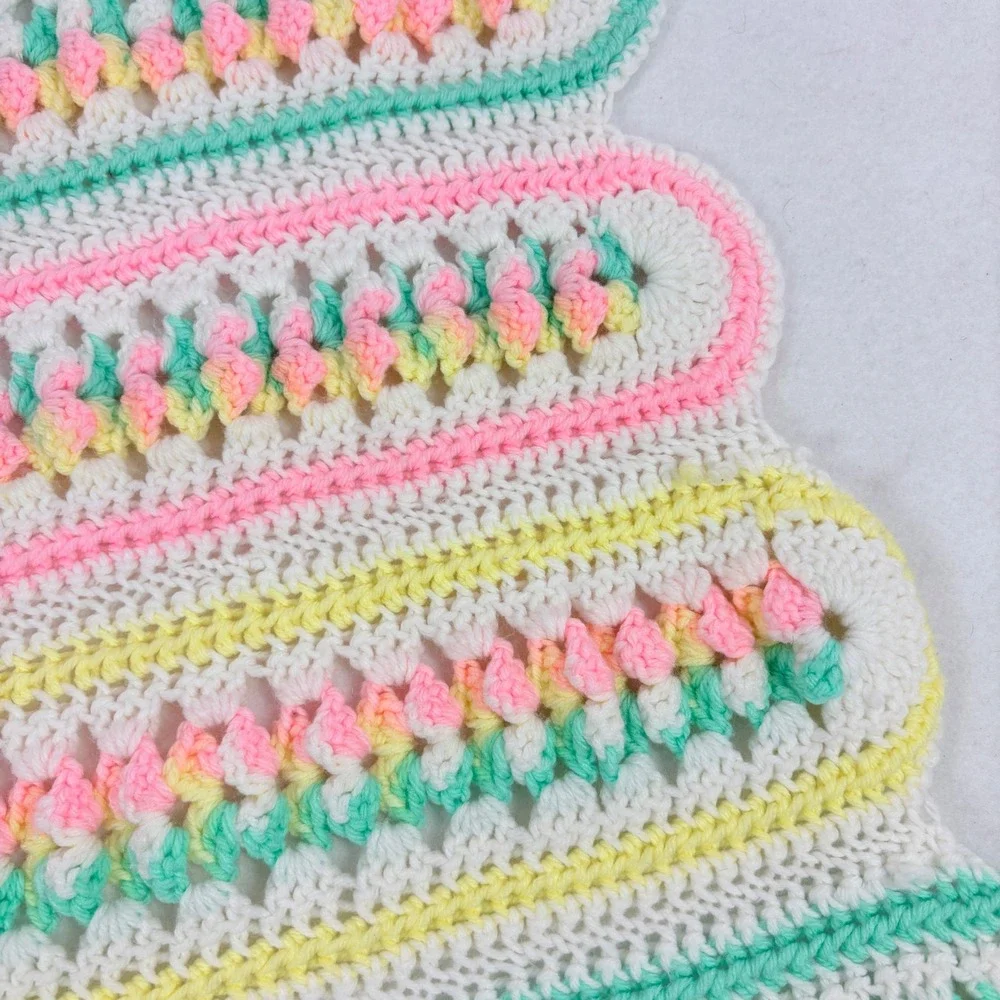 Handmade Crochet Baby Blanket Pastel Pink Yellow Mint‎ Scalloped Granny 27x38